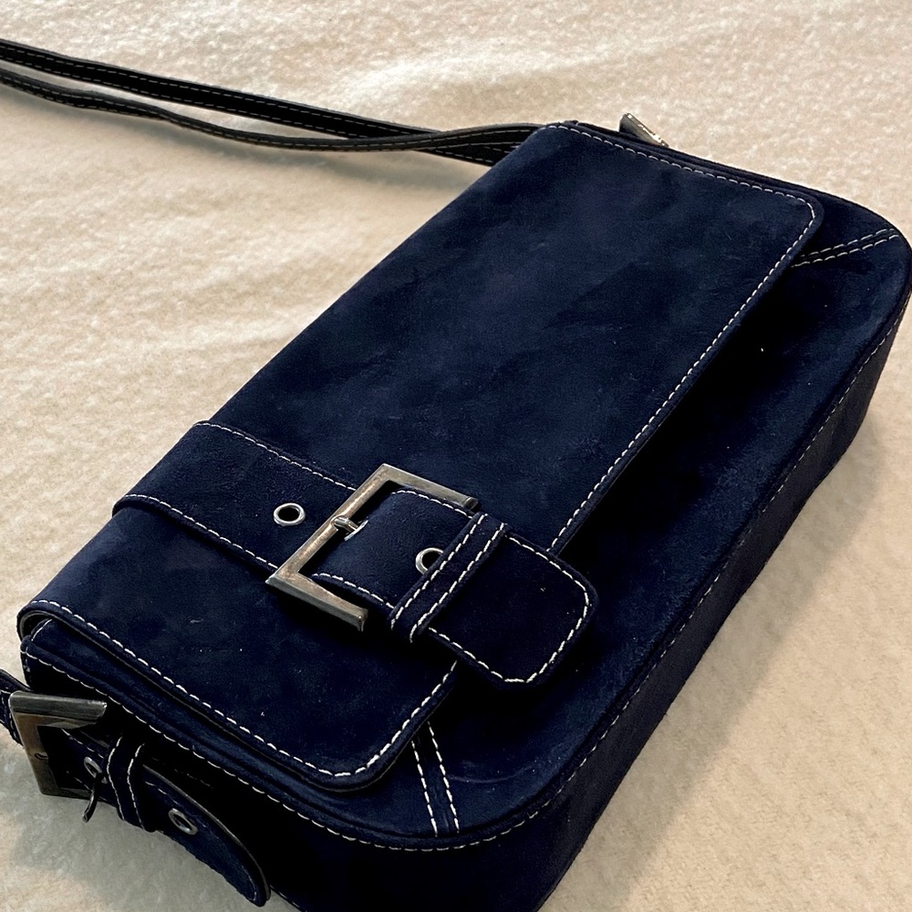 Stuart Weitzman navy blue suede shoulder bag